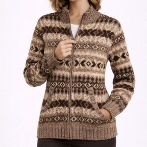 Lauren Ralph Lauren Tan and Brown Geometric Cardigan